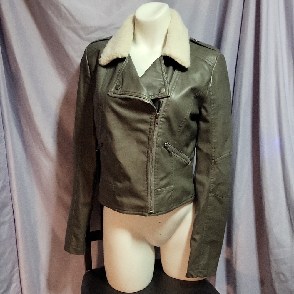 A. Byer Olive Leather Jacket with Shearling Collar